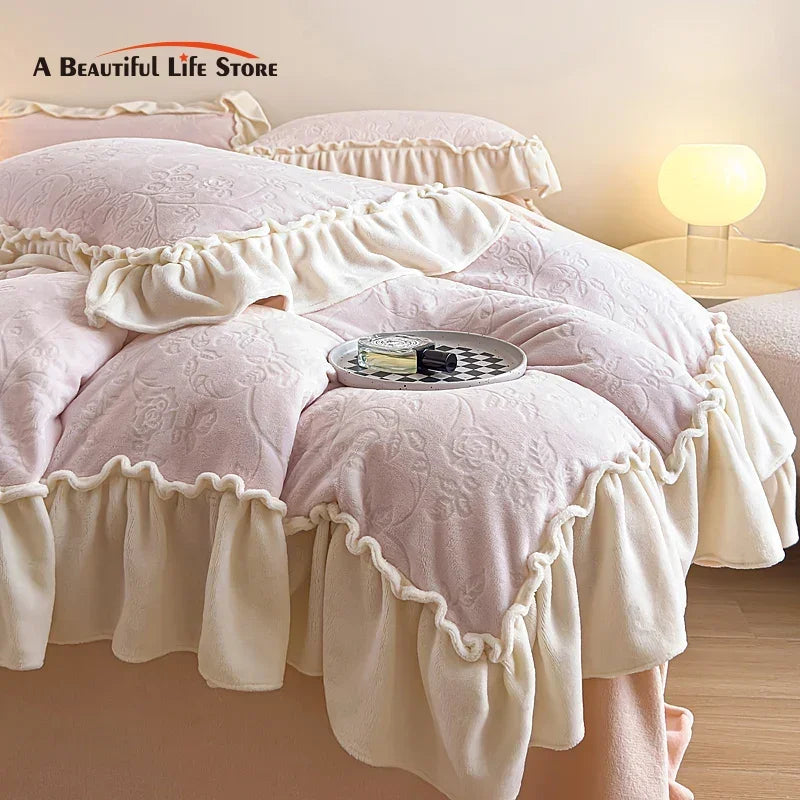 Decobites Princess Velvet Fleece Ruffles Winter Bedding Set - Plush Coral Velvet Duvet Cover & Sheet