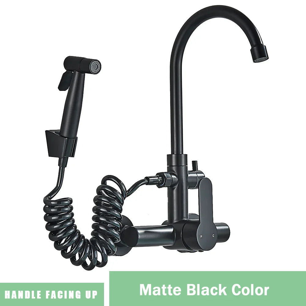 صنبور مطبخ فاخر مثبت على الحائط من DecorBites™ أسود SUS 304 مع بيديه قابل للتمديد