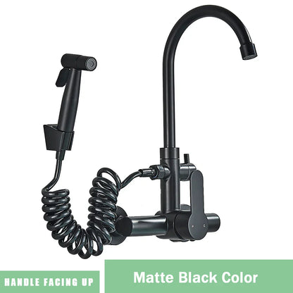 صنبور مطبخ فاخر مثبت على الحائط من DecorBites™ أسود SUS 304 مع بيديه قابل للتمديد