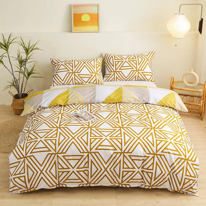 Decobites Geometric Triangle Block Print Bedding Set with 2 Pillowcases for Queen/King Double Bed