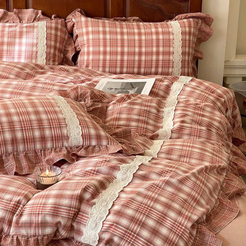 Decobites Plaid French Pastoral Cotton Bedding Set Full Queen King Size