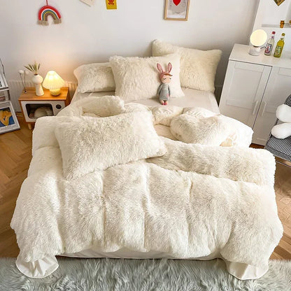 Decobites Fluffy Faux Fur Bedding Set: Duvet Cover, Sheet, Pillowcase - Soft & Warm