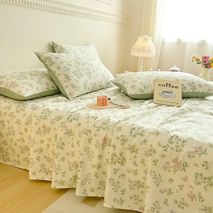 Decobites Vintage Plant Floral Cotton Flat Sheet Set with Pillowcases