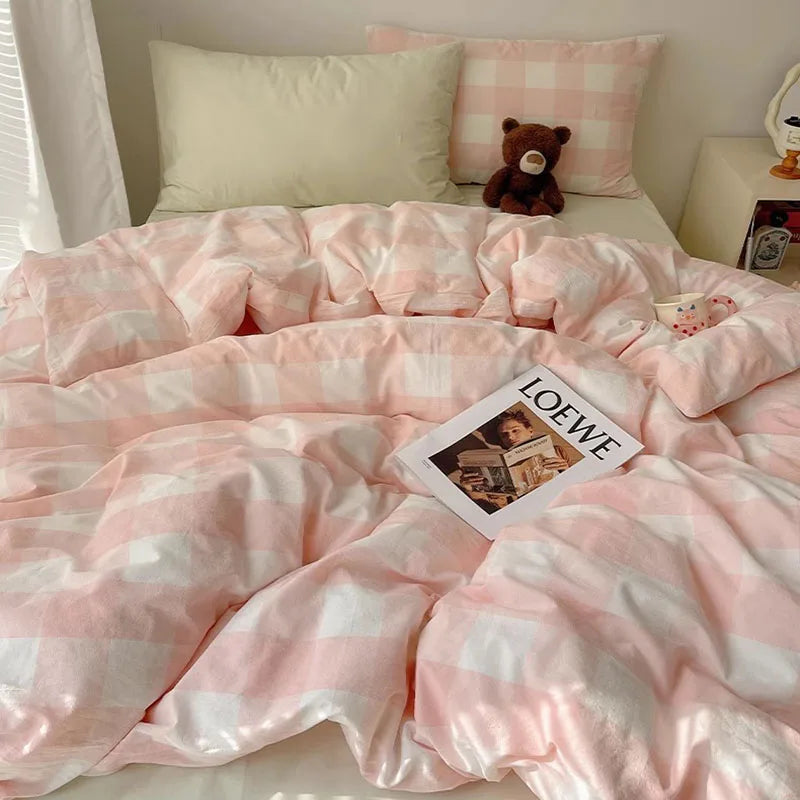 DecorBites™ Juegos de cama de algodón acogedor con diseño de cuadrícula para dormitorios estudiantiles - Ropa de cama tamaño Queen/King