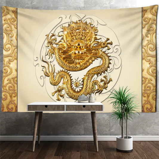 Decobites Golden Dragon Totem Carving Tapestry: Mysterious Psychedelic Wall Hanging