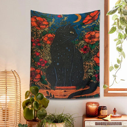 Black Cat Moon Tapestry Wall Hanging for Cute Aesthetics Home Decor by Decobites