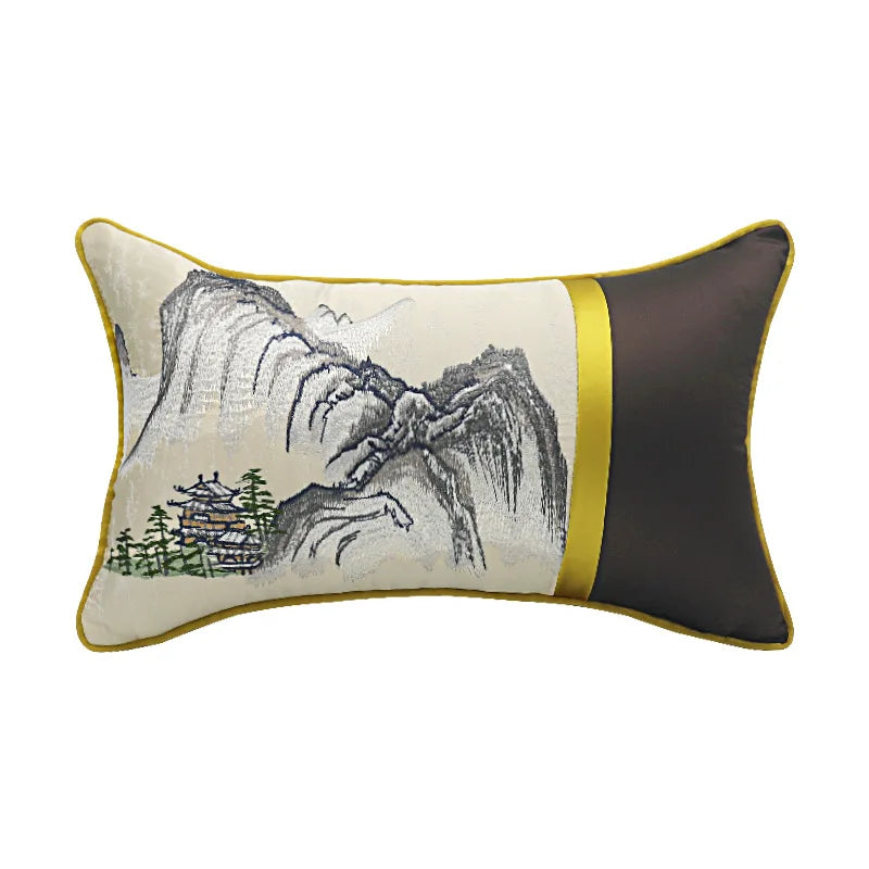DecorBites™ Chinese Ancient Art Chinoiserie Landscape Embroidered Lumbar Pillow Cover