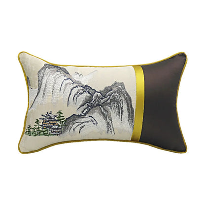 DecorBites™ Chinese Ancient Art Chinoiserie Landscape Embroidered Lumbar Pillow Cover