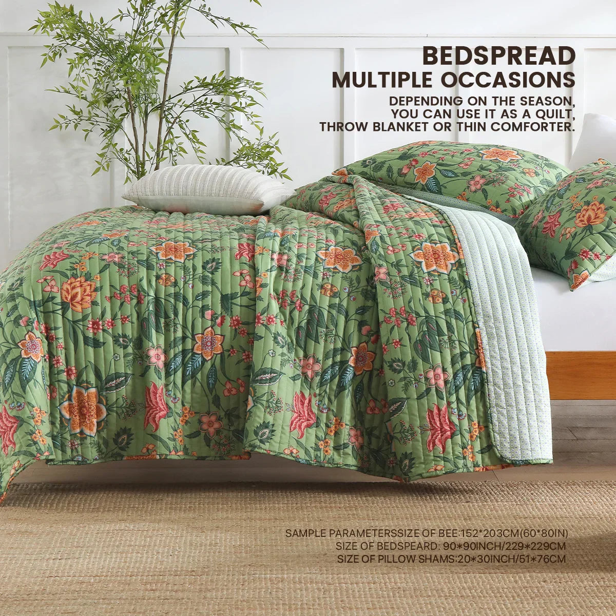DecorBites™ Green Floral Quilt Set 3-Piece Oversized Bedding with Shams