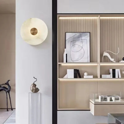 DecorBites™ LED Marble Brass Wall Sconce: Modern Art Deco Round Light for Parlor & Aisle