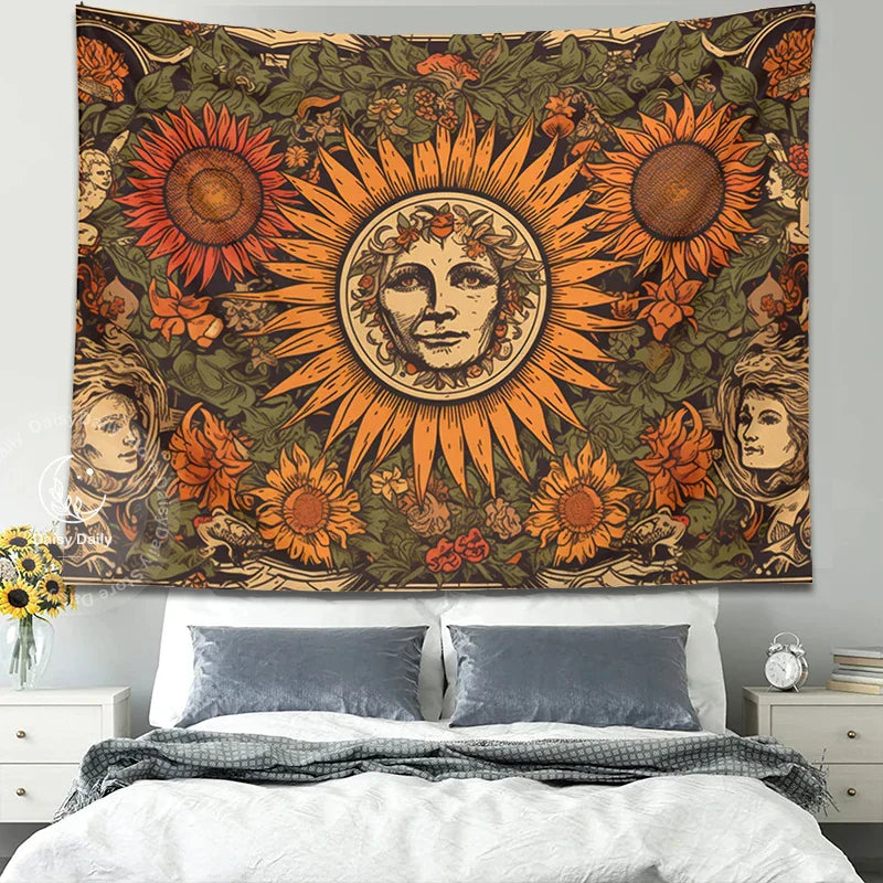 Sunflower Tapestry Wall Hanging Retro Bohemian Floral Decor Cloth by Decobites