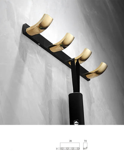 DecorBites™ Gold & Black Bathroom Hardware Set: Shelf, Towel Rack, Paper Holder, Brush Holder