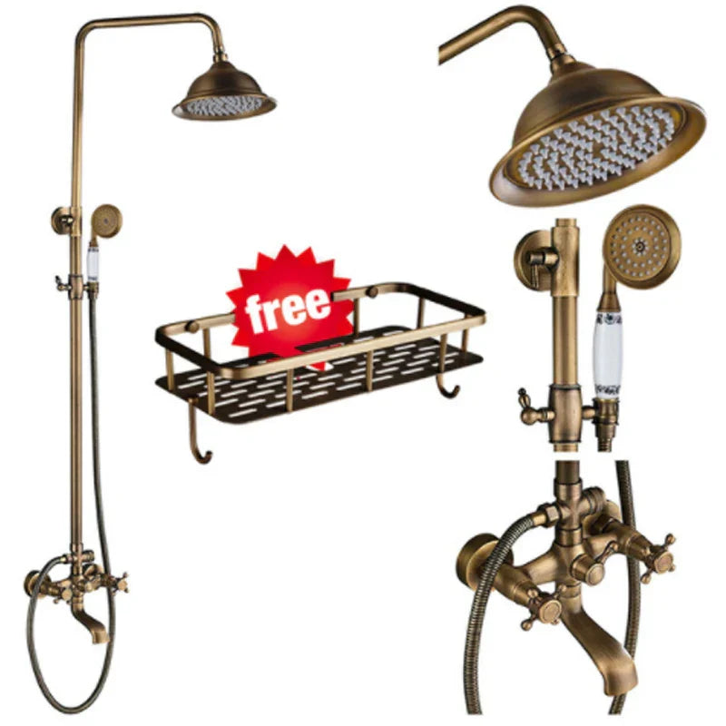 Juego de grifería para ducha DecorBites™ de latón antiguo con cabezal tipo lluvia de 8" y rociador giratorio