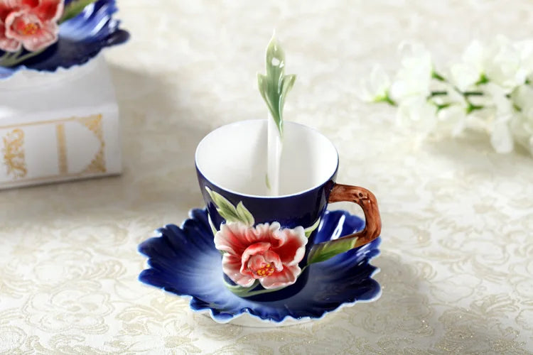 DecorBites™ Enamel Rose Peony Floral Coffee Cup Wedding Birthday Gift