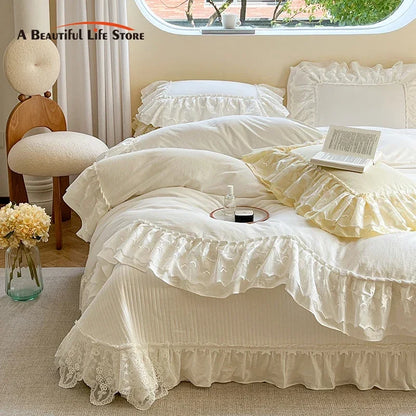 Decobites Lace Ruffles Bedding Set in Pearl White Cream Yellow Princess Cotton