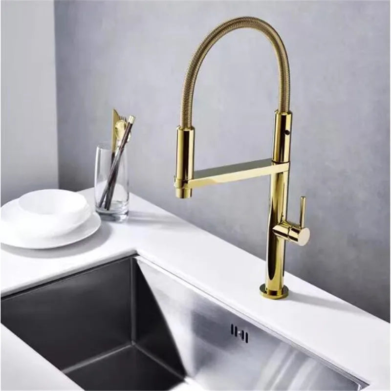 DecorBites™ Gold Brass Kitchen Faucet with Foldable Pull Down Spring Spout Mixer Tap