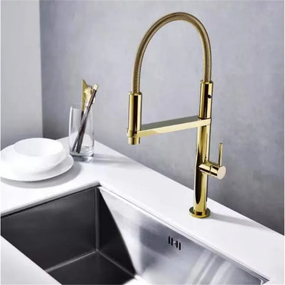 DecorBites™ Gold Brass Kitchen Faucet with Foldable Pull Down Spring Spout Mixer Tap