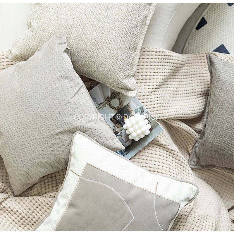 DecorBites™ Cappuccino Tone Geometry Embroidery Luxury Pillowcase 45x45cm Cream Khaki Gray