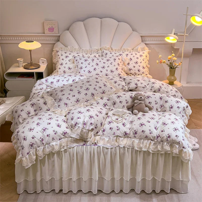 Decobites Princess Lace Ruffles Floral Bedding Set with Duvet Cover and Bed Skirt