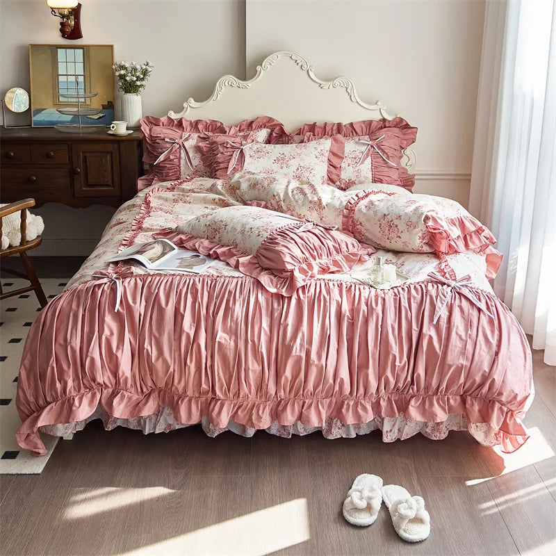 Decobites French Vintage Flowers Cotton Bedding Set with Lace Ruffles & Pleats