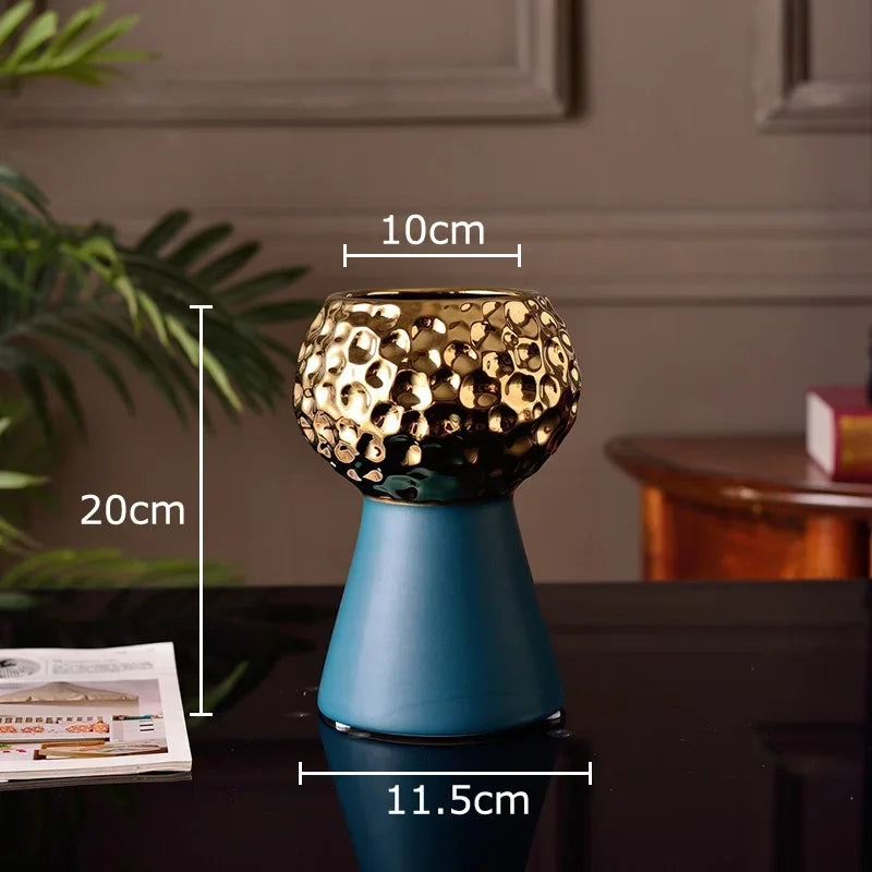Jarrón de cerámica con patrón de martillo dorado Decorbites™: Maceta creativa para decoración de mesa y arreglo floral