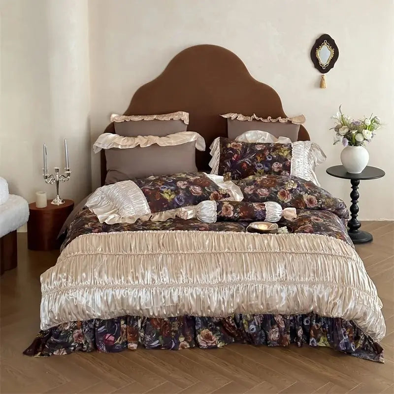 Decobites Vintage French Flowers Lace Ruffles Egyptian Cotton Bedding Set