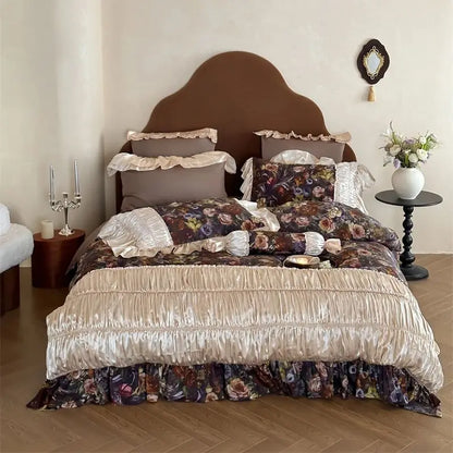 Decobites Vintage French Flowers Lace Ruffles Egyptian Cotton Bedding Set