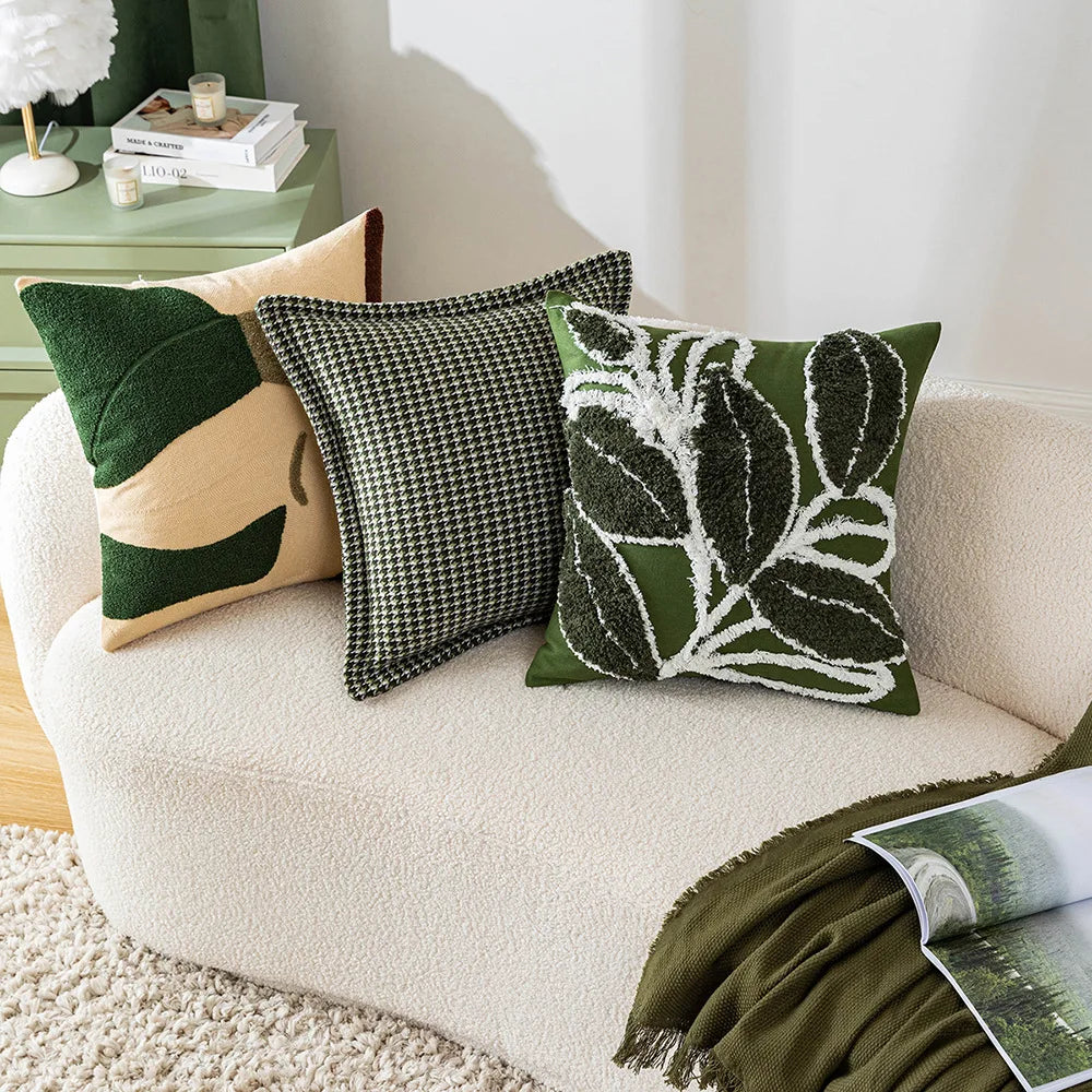 DecorBites™ Green Embroidered Tufted Cushion Cover - Modern Minimalism Art Design