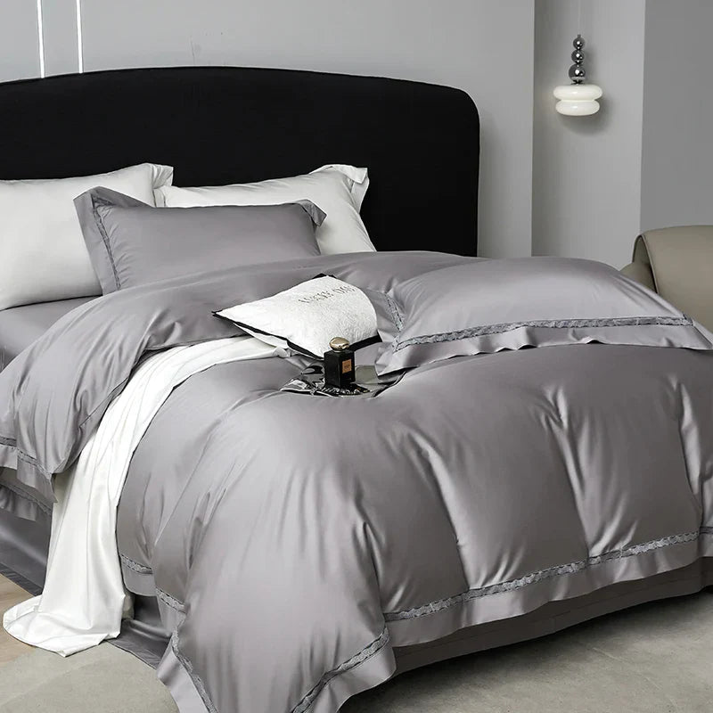 Decobites Hollow Lace Wide Edge Luxury Bedding Set with Soft Silky Finish