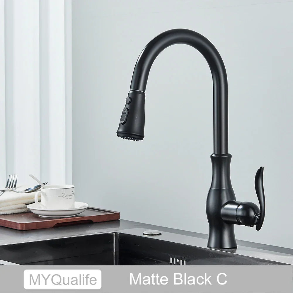 صنبور مطبخ أسود من DecorBites™: خلاط ساخن وبارد بمقبض واحد مع دوران 360 درجة