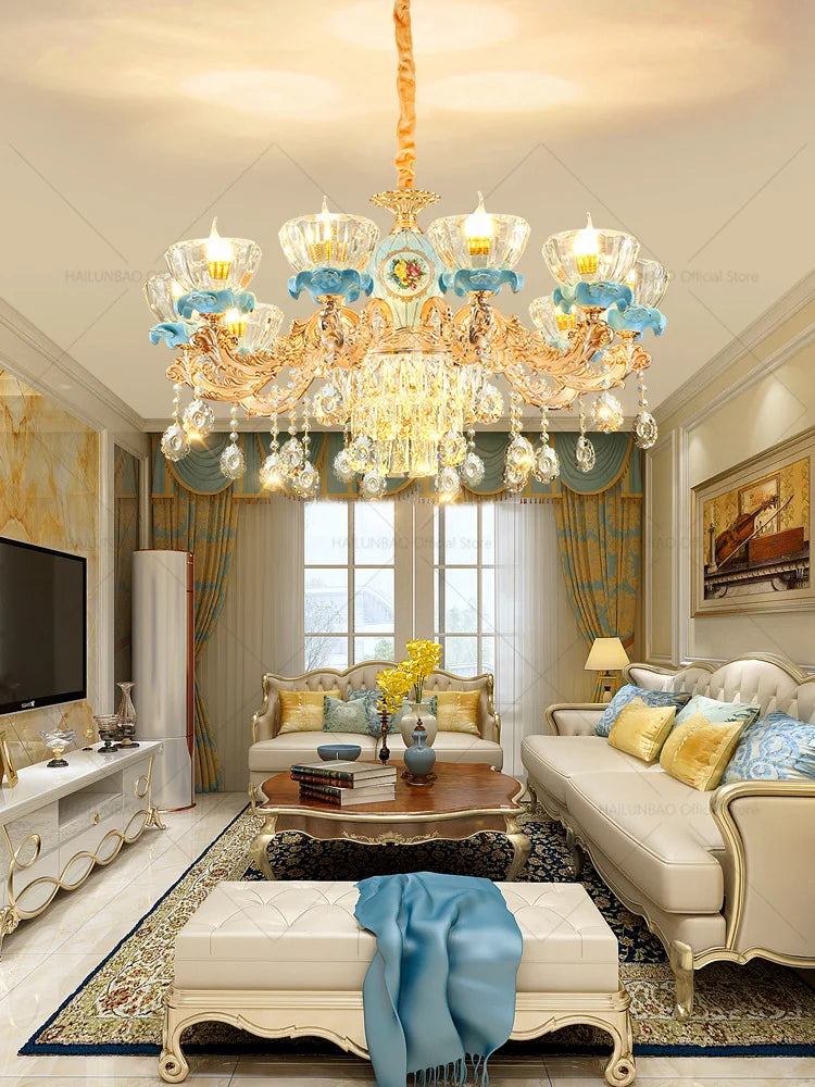DecorBites™ Crystal Chandelier: Chinese Ceramic Living Room Luxe Lighting