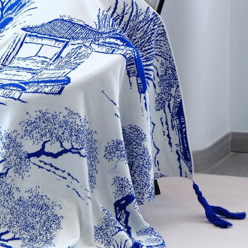 DecorBites™ Blue Knitted Sofa Blanket for All Seasons at Home