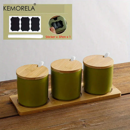 DecorBites™ Japanese Retro Ceramic Seasoning Jar Set with Tray - 3-Piece Kitchen Organizer