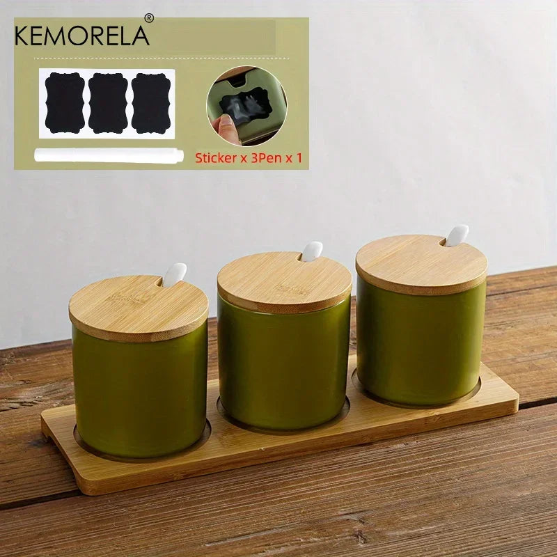 Conjunto de tarros de condimentos de cerámica retro japonesa Decorbites™ con bandeja - Organizador de cocina de 3 piezas