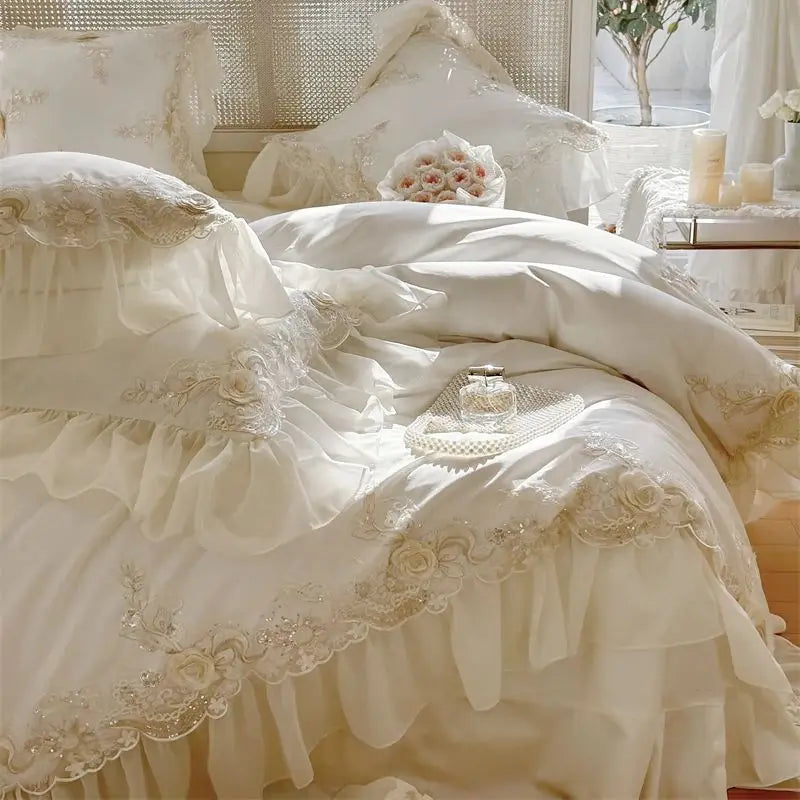 Luxury Lace Ruffle Wedding Bedding Set by Decobites