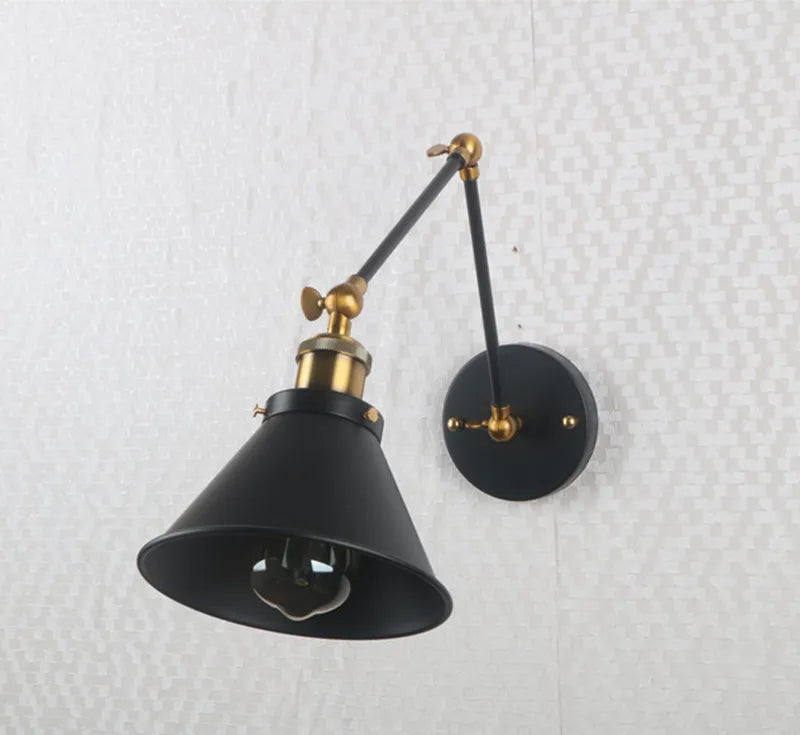 Lámpara de pared ajustable DecorBites™ con pantalla de paraguas negra, ideal para cafeterías, estudios y salas de estar.