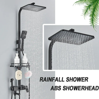 DecorBites™ Black Brass Shower Faucet Set Rainfall Bathtub Tap With Bathroom Shelf