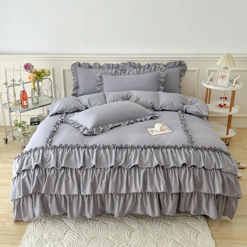 DecorBites™ Lace Ruffle Princess Bedding Set with Bed Skirt & Pillowcases