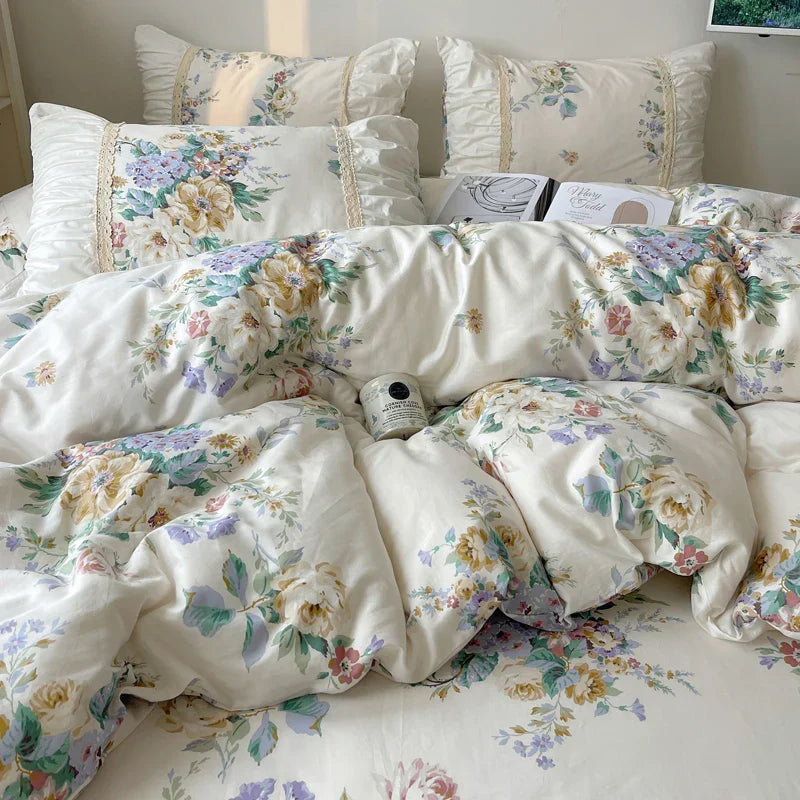 Decobites Korean Princess Flowers Bedding Set - Duvet Cover, Bed Skirt, Pillowcases