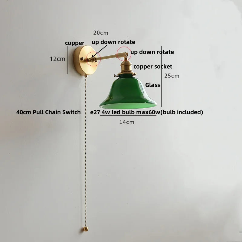 Decorbites™ Grünes Loft LED Wandlicht: Vintage Nachttischlampe, Oben Unten Drehbares Glas, Zugkettenschalter