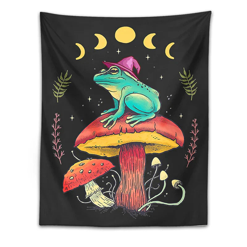 Decobites Frog on Mushroom Tapestry Wall Hanging: Aesthetic, Magic, Wizard, Cottagecore, Boho, Hippie, Moon Phase