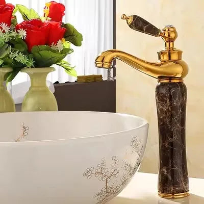 Decorbites™ Grifo de Lavabo de Baño en Oro, Jade y Latón | Montado en Cubierta Mezclador de Agua Caliente y Fría