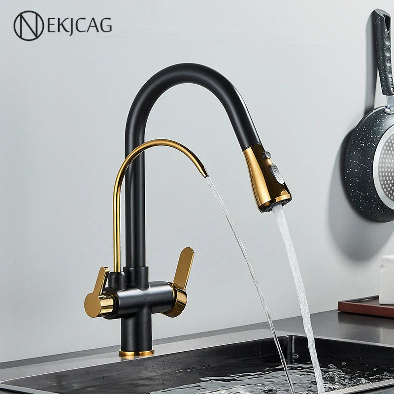 DecorBites™ Gourmet Pull Out Black Gold Kitchen Faucet with Sprayer Mixer Swivel Sink Tap