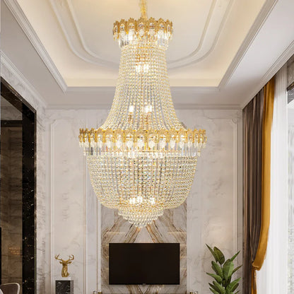 DecorBites™ Crystal Chandelier: Luxury Duplex Hotel Living Room Stairwell Design