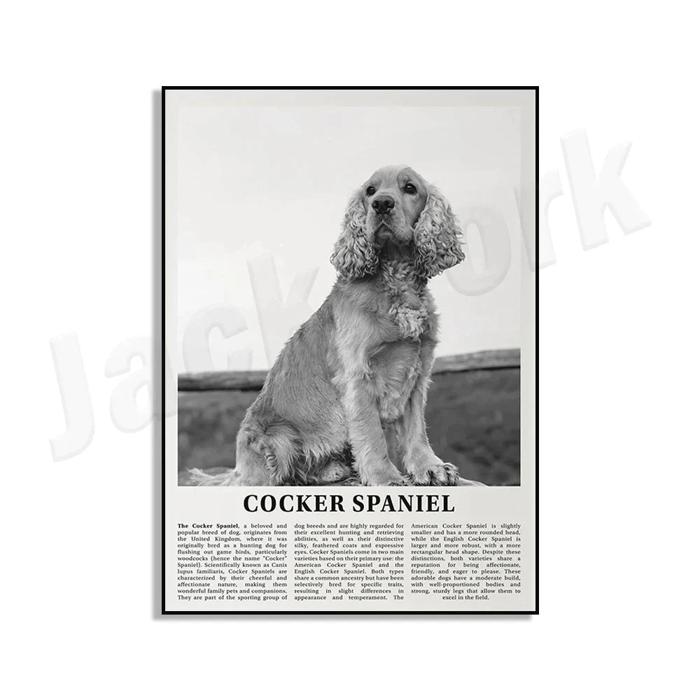 DecorBites™ Black & White Dog Breeds Poster: Greyhound, Cocker Spaniel, Akita, Malamute, Cattle Dog