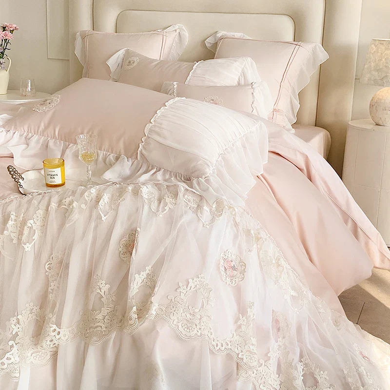 Decobites French Lace Ruffles Princess Wedding Bedding Set - 4Pcs 1000TC Cotton - Duvet, Sheet, Pillowcases