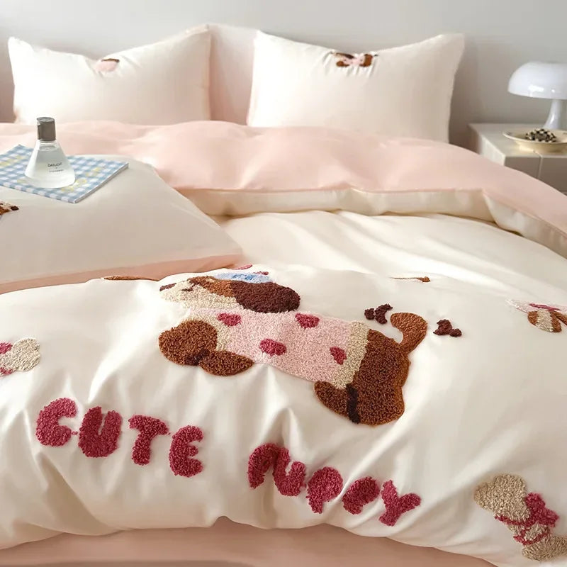 DecorBites™ Cartoon Embroidered Cotton Bedding Set with Ice Silk Cooling Technology