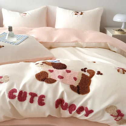 DecorBites™ Cartoon Embroidered Cotton Bedding Set with Ice Silk Cooling Technology