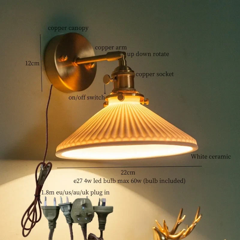 DecorBites™ Brass Ceramic LED Wall Light | Nordic Modern Bedside Lamp for Bedroom, Bathroom, and Sofa