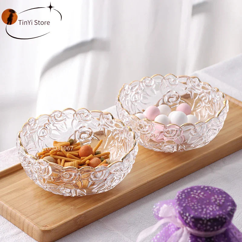 Decorbites™ Glas-Salat-Schüssel mit goldenem Rand – Vintage-Gravur, Relief-Handwerk
